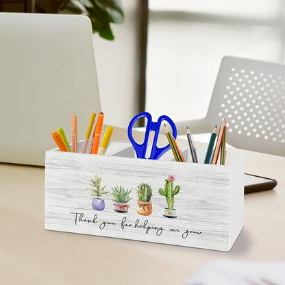Teacher Pen Pencil Holder Organizer for Desk Accessories, Teacher Appreciation Gifts, Thank You for Helping Me Grow Wooden Box Sign Desk Decor for Office Decoration, Best Teachers Gifts