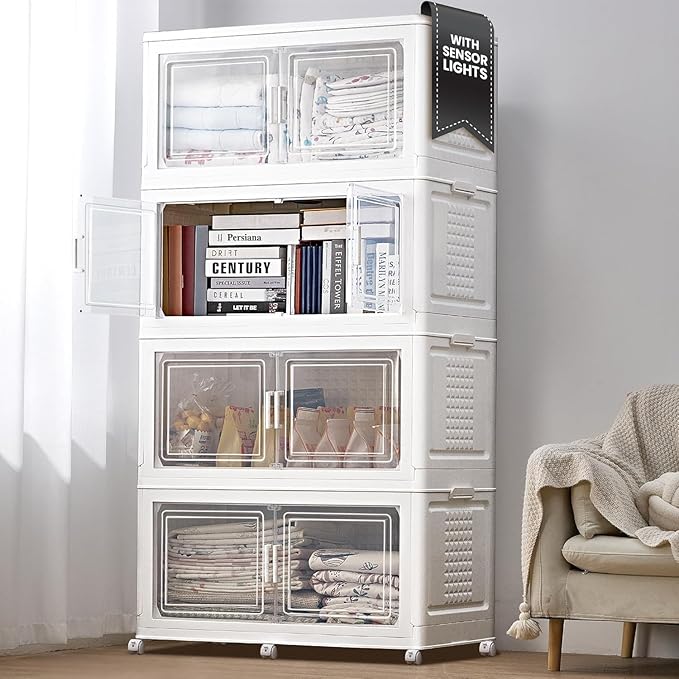 FINCHESCLUB 752QT Extra Large Stackable Storage Bins with Lids, 188Gal Foldable Storage Bins with Doors and Wheels, Collapsible Closet Organizers for Home Office, Christmas Gifts - 4 Pack - White