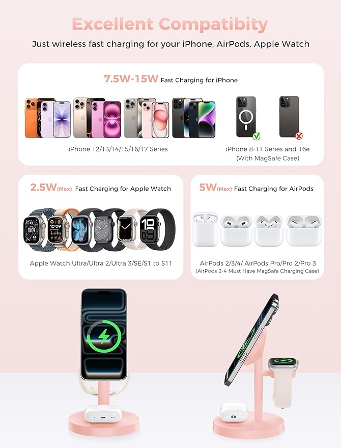 2026 3 in 1 Wireless Charging Station Compatible with MagSafe, 15W Fast Magnetic Mag-Safe Charger Stand for Apple iPhone 17 16 15 14 13 12 iWatch AirPods Pro 4 3 2, Pink