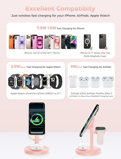 2026 3 in 1 Wireless Charging Station Compatible with MagSafe, 15W Fast Magnetic Mag-Safe Charger Stand for Apple iPhone 17 16 15 14 13 12 iWatch AirPods Pro 4 3 2, Pink