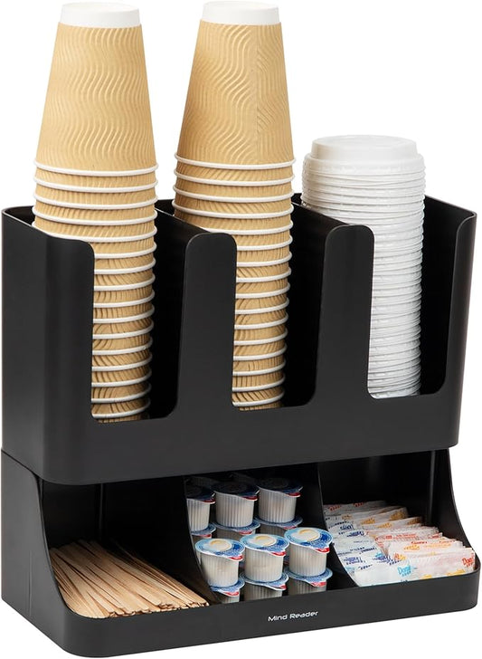 Mind Reader 6 Compartment Upright Breakroom Coffee Condiment and Cup Storage Organizer, Black