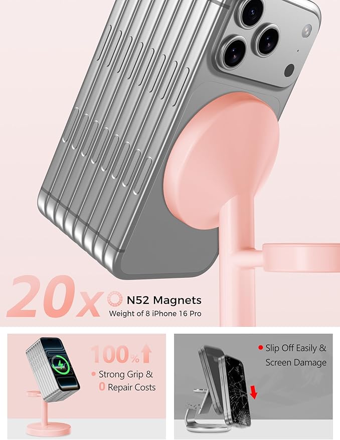 2026 3 in 1 Wireless Charging Station Compatible with MagSafe, 15W Fast Magnetic Mag-Safe Charger Stand for Apple iPhone 17 16 15 14 13 12 iWatch AirPods Pro 4 3 2, Pink