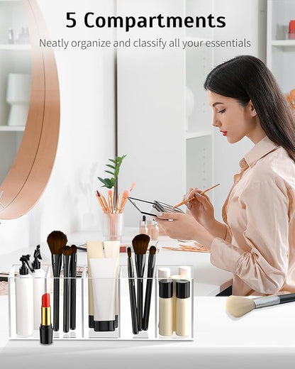 Uniclife Clear Acrylic Pen Holder for Desk, Plastic Pencil Holder Pen Organizer with 5 Compartments, Desktop Stationery Organizer for Office Home School, Vertical Makeup Brush Holder, 11.3" x 3" x 4"