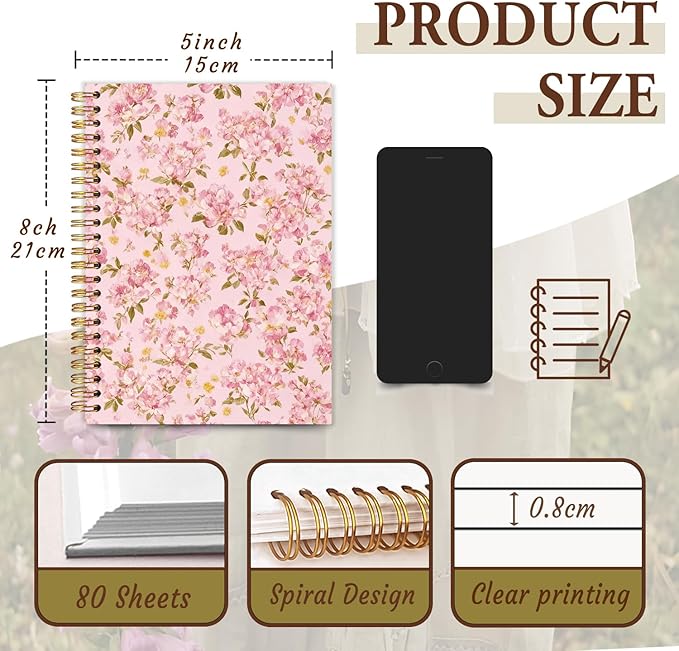 Coquette Floral Notebook Journal Gifts for Women, Pink Cute Gifts Spiral Notebook for Teen Girls，Aesthetic Journal 5.5x8.4 Inch, School Office Supplies