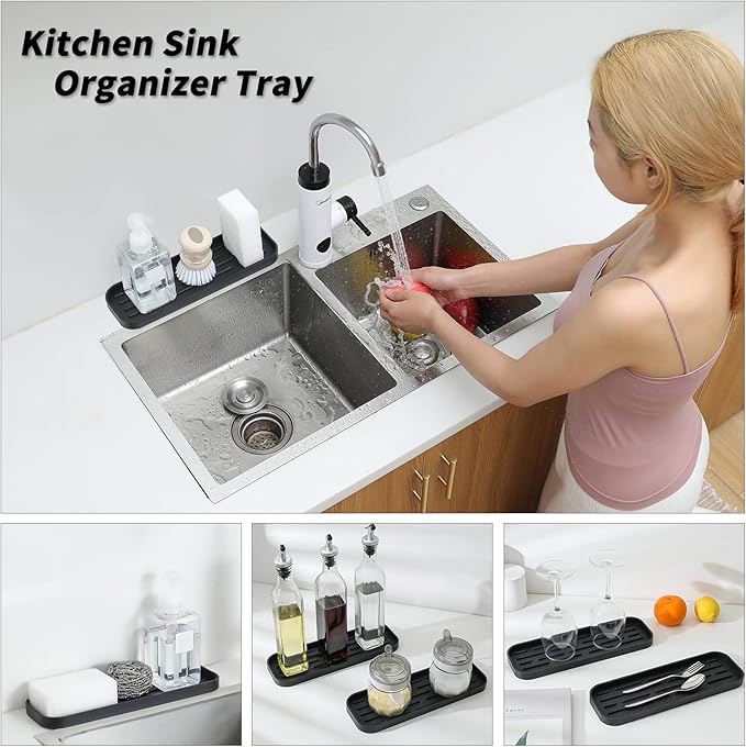 Silicone Kitchen Sink Organizer Tray for Multiple Usage,Eco-Friendly Sponges Holder for Kitchen Bathroom Counter or Sink,Dish Soap Dispenser,Scrubber,Bottle,Cup (Black, 12"×4")