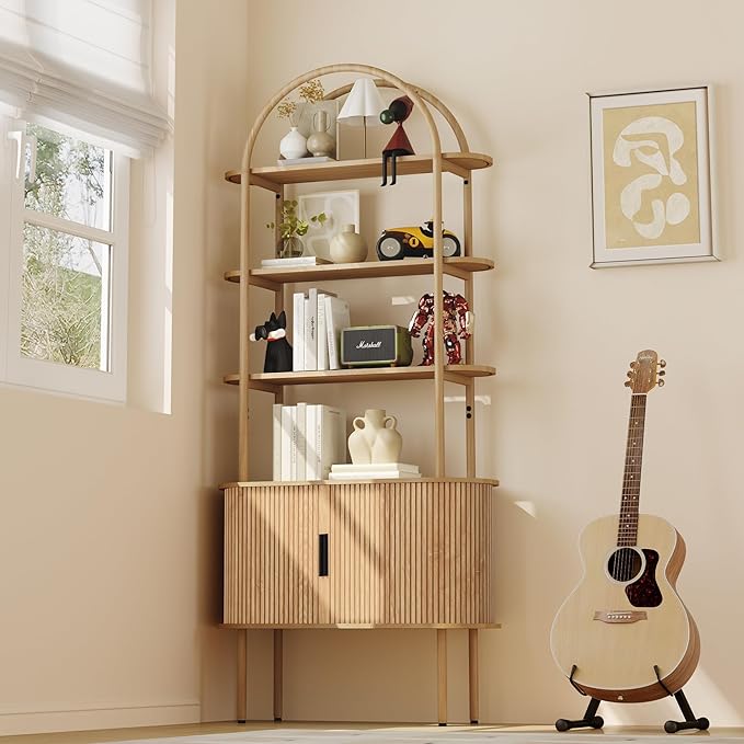 71" Tall Fluted Arched Bookshelf with Sliding Tambour Doors, Mid Century Modern Metal Curved Bookshelf Cabinet with Storage, 4-Tier Open Display Storage Shelf for Home Office, Living Room (Natural)