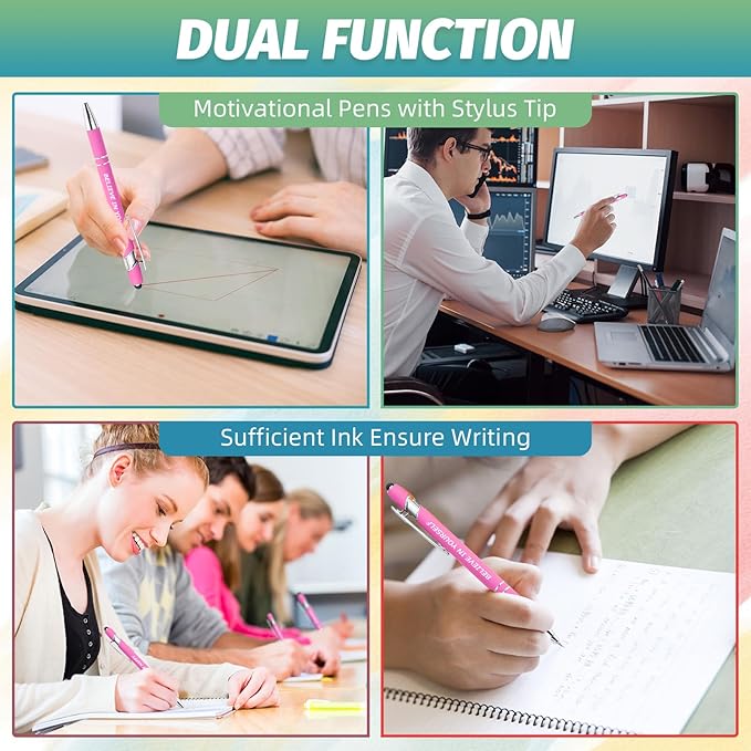 20 Piece Inspirational Pens Kit with Stylus Tip & Sayings – 10 Motivational Pen + 10 Individual Bags – Uplifting Quote & Positive Ideas – For Teachers, Office, School, Meetings, Team Events(Pink)