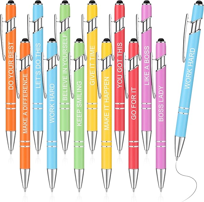 Zonon 12 Pcs Inspirational Pens Bulk Funny Ballpoint Pen with Stylus Tip Motivational Gifts for Christmas Teacher Coworkers Nurse School Office Supplies(Macaron,Boss Lady)