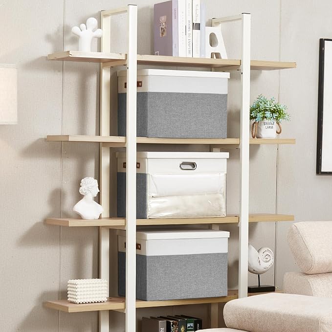 Fabric Clear Window Storage Bins with Lid, Closet Storage Box Linen Closet Baskets with 3 Handles for Organizing Clothing, Jeans, Shelves 17''- 3 Pack (Gray and White)