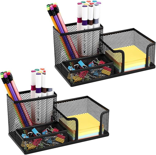 2-Piece Desk Pen & Pencil Organizer - Mesh Metal Pen Cup with Sticky Notes Holder, Black