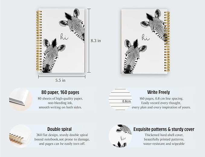 Zebra Gifts Notebook Journal,Cute Animal Notebook Journal for School Women Teen Girls Kids,Gifts for Zebra Lovers,Hardcover Spiral Notebooks for Work Notes Journaling,5.5x8.3 Inch