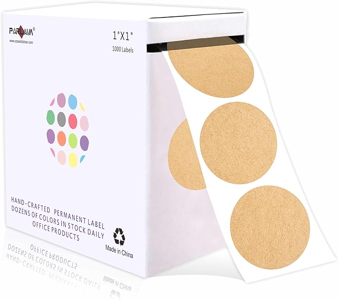 PARLAIM 1 Inch Round Permanent Adhesive Color-Code Dot Stickers,1000 per Roll dots Label Dispenser Box,Kraft Circle Stickers Label for Office Home