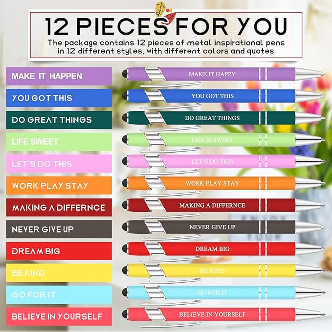Zonon 12 Pcs Inspirational Pens Bulk Funny Ballpoint Pen with Stylus Tip Motivational Gifts for Christmas Teacher Coworkers Nurse School Office Supplies(Assorted Color,Motivational Style)