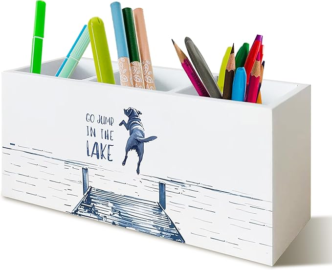 Go Jump in the Lake Pen Pencil Holder Organizer for Desk, Gifts for Lake Lovers, Funny Lakeside Dog Wooden Box Block Sign for Home Office Tabletop Decor, Dog Lovers Gifts