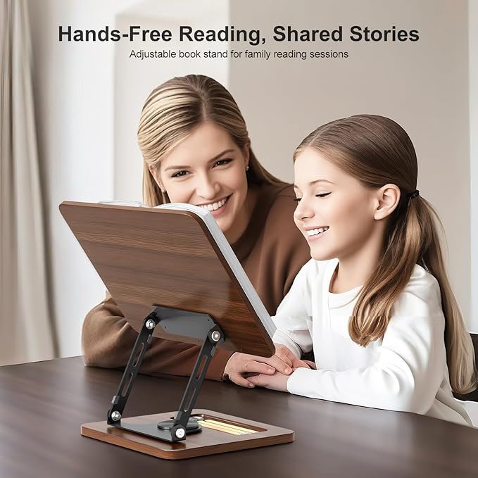 Book Stand for Reading, 360° Rotating Hands Free Book Holder, Adjustable Height and Angle, Page Clip for Cookbook, Recipe, Magazine, Laptop,Tablet, Foldable for Kitchen, Office, School