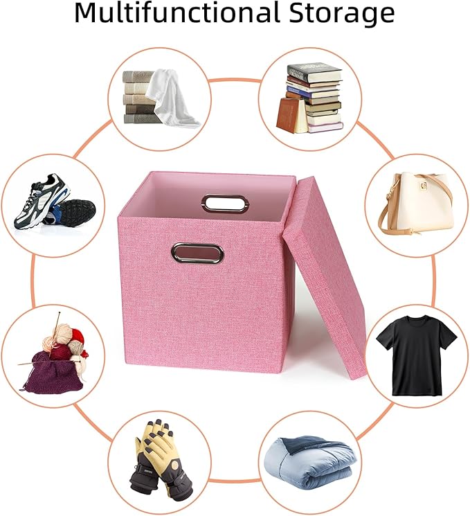 Storage Bins with Lids, Collapsible Linen Fabric Boxes Organizer Containers with Lid Foldable Storage Box Basket for Closet, Shelves, Home, Office, 12 x 12 x 12.4 Inch, 4 Pack, Pink