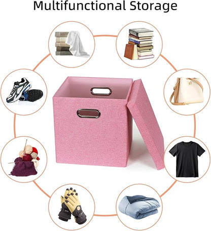 Storage Bins with Lids, Collapsible Linen Fabric Boxes Organizer Containers with Lid Foldable Storage Box Basket for Closet, Shelves, Home, Office, 12 x 12 x 12.4 Inch, 4 Pack, Pink