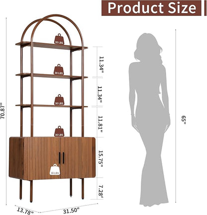 71" Tall Fluted Arched Bookshelf with Doors, Mid Century Modern Metal Bookcase Cabinet with Storage, 4-Tier Industrial Organizer Rack Storage Shelves for Home Office, Living Room (Walnut)