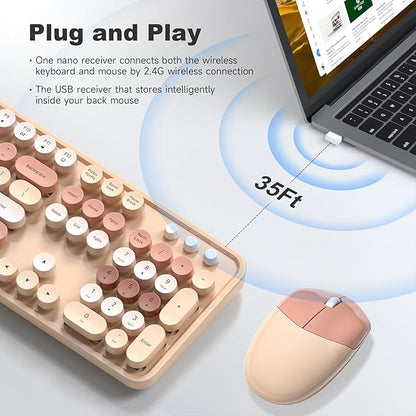 MOFII Wireless Keyboard and Mouse Combo,2.4GHz Retro Full-Size Keyboard with Number Pad and Cute Wireless Mouse for Computer PC Desktops Laptop WindowsxP/7/8/10(Milk Tea Colorful-B)