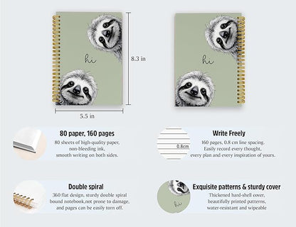 Sloth Notebook Journal,Green Cute Animal Notebook Journal for School Women Teen Girls Kids,Gifts for Sloth Lovers,Hardcover Spiral Notebooks for Work Notes Journaling,5.5x8.3 Inch
