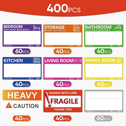 400 PCS 3.5 x 2 Inch Large Moving Labels for Boxes, 9 Color Coded Moving Stickers, Packing Boxes for Moving Supplies Labels with Writable Notes Areas Heavy Fragile Stickers