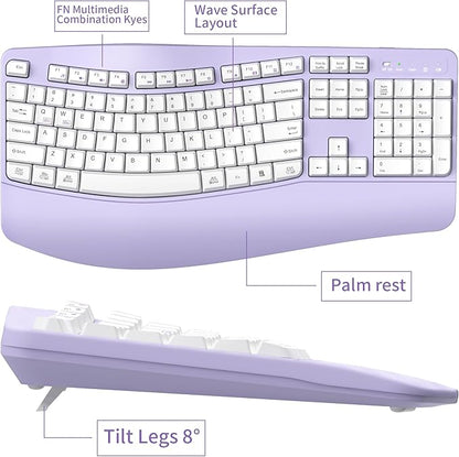 Ergonomic Wireless Keyboard and Mouse Combo, Wave Keys Keyboard with Wrist Rest for Natural Typing, 3 DPI Adjustable Ergonomic Silent Mouse for Computer/Laptop/Windows/Mac (Purple)