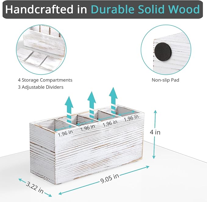 Pencil Pen Holder for Desk, White Washed Wood Office Desk Organizers and Accessories with 4 Slots for Countertop, Makeup Brush Holder Organizer for Bathroom Vanity, Silverware Caddy for Party