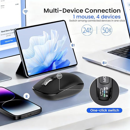 Wireless Bluetooth Silent Mouse for Laptop Mac, Multi-Device One-Click Switch, 4-Way High-Speed Metal Rollers, Adjustable DPI, Full-Size Ergonomic for Computer, iPad, Tablet, MacBook