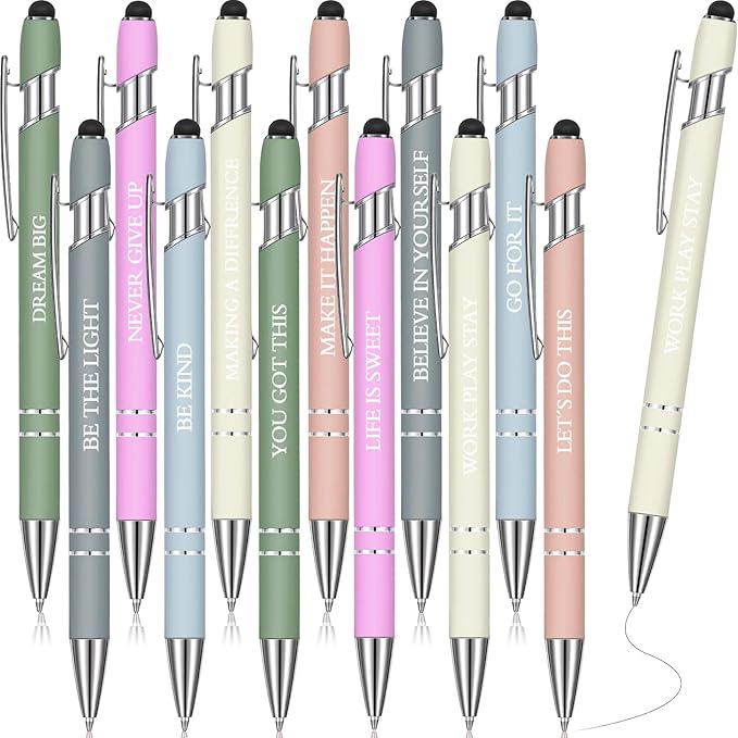 Zonon 12 Pcs Inspirational Pens Bulk Funny Ballpoint Pen with Stylus Tip Motivational Gifts for Christmas Teacher Coworkers Nurse School Office Supplies(Morandi,Motivational Style)