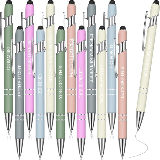 Zonon 12 Pcs Inspirational Pens Bulk Funny Ballpoint Pen with Stylus Tip Motivational Gifts for Christmas Teacher Coworkers Nurse School Office Supplies(Morandi,Motivational Style)