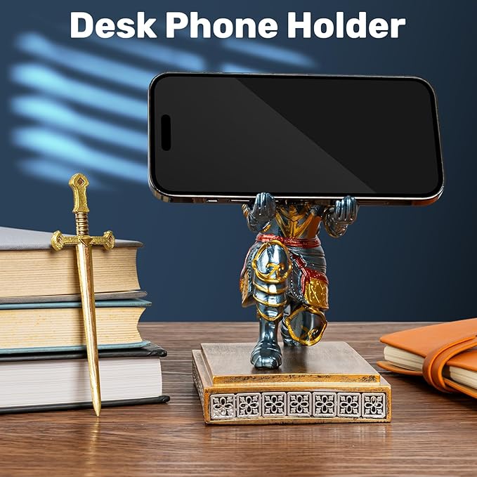 Medieval Knight Pen Holder with Sword, Kneeling King's Guard Warrior Pencil Stand Office Accessories Cool Fancy Desk Decor Gift for Men Father Husband Grandfather Boyfriend Boss Him