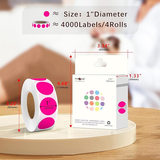 PARLAIM 4 Rolls 4000PCS 1 inch Round Color Coding Circle Dot Labels, 4000Pcs Color- Coding Label Sticker for Home Office Classroom (Fluorescent Pink)