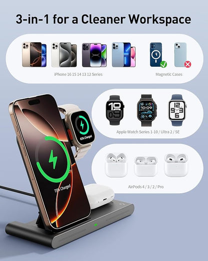 2025 Wireless Charger for Apple and Android Charging Station,3 in 1 Fast Max Charging for iPhone 16 15 14 13 12 Pro Max Plus, Apple Watch Series & Air pods 4 3 2 Pro, Android Samsung Galaxy Series