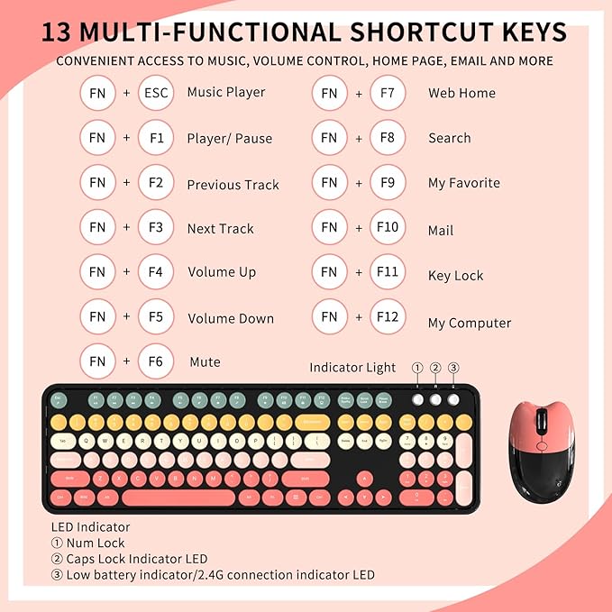 Wireless Keyboard and Mouse, MOFII 104 Round Keycaps Retro Typewriter with OTG & Brush, Full-Size Ergonomic, Ideal for Windows PC, Home, Office and College Rainbow Red