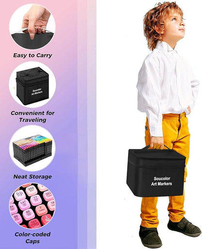 Soucolor Alcohol Markers Set, 100 Colors Dual Tip Brush Art Alcohol Markers, School Office Teacher Supplies for Kids and Adults Coloring Drawing Sketching Book Painting Card Making Illustration