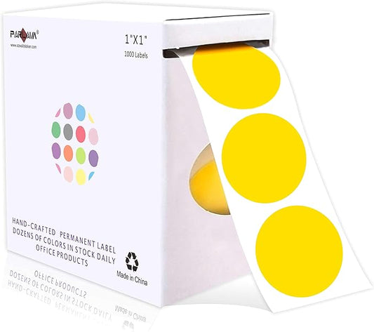 PARLAIM 1 Inch Round Permanent Adhesive Color-Code Dot Stickers,1000 per Roll dots Label Dispenser Box (Yellow)