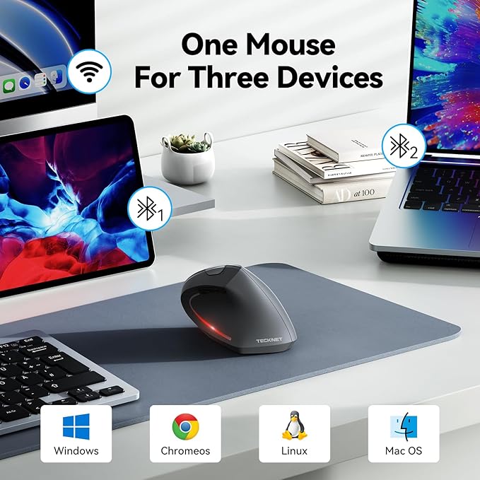TECKNET Ergonomic Mouse, Wireless Bluetooth Vertical Mouse, 4800 DPI Optical Tracking, 6 Adjustable DPI, Quiet Clicks, 2.4GHz with USB A Receiver, 12 Months Battery, 6 Buttons, Wide Compatibility