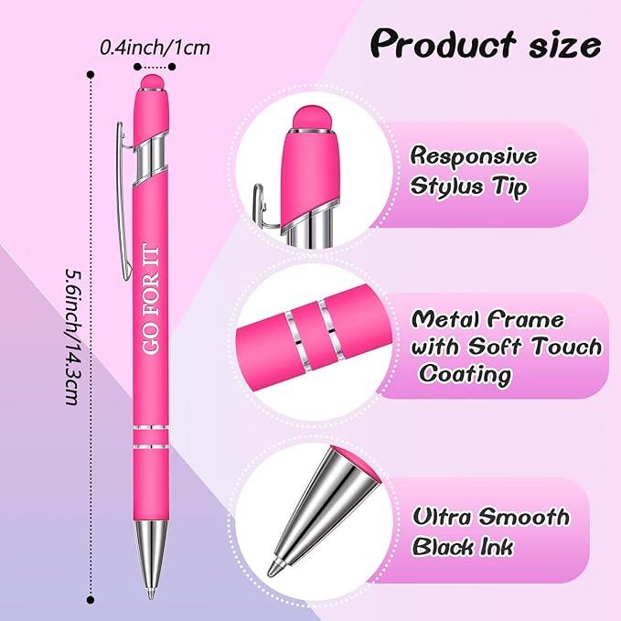 Zonon 12 Pcs Inspirational Pens Bulk Funny Ballpoint Pen with Stylus Tip Motivational Gifts for Christmas Teacher Coworkers Nurse School Office Supplies(Pink,Motivational Style)