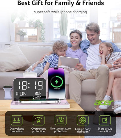 Acer 7-in-1 Wireless Charging Station with LED Clock - 30W Fast Wireless Charger for iPhone 16/15/14/13/12/Pro Max, Apple Watch, AirPods - Bluetooth Auto Time Sync & Night Lights (Purple)