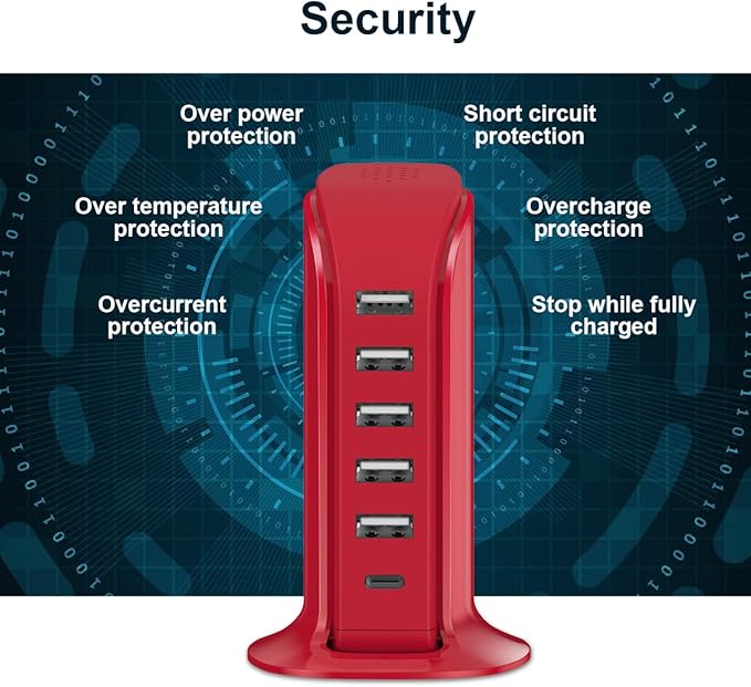 USB Phone Charger 6 Ports 40W Upoy, Type C Wall Charger Smart 6A, Charging Tower with 5ft Power Cord, USB Power Adapter Fast Charging, Smart Home Device Charging Station, iPhone/Ipad Accessories