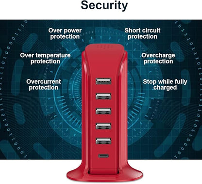 USB Phone Charger 6 Ports 40W Upoy, Type C Wall Charger Smart 6A, Charging Tower with 5ft Power Cord, USB Power Adapter Fast Charging, Smart Home Device Charging Station, iPhone/Ipad Accessories