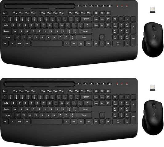 Wireless Keyboard and Mouse Combo - Full-Sized Ergonomic Design with Cushioned Wrist Rest, Built-in Phone Stand, Quiet 2.4GHz USB Connectivity for PC, Laptop - Trueque (Black, 2 Pack)