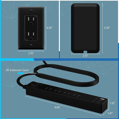 LIDER Surge Protected Outlet Extender, 4-Outlet Power Strip, 21W USB Type-A, and 2 USB Type-C Port, Ultra-Thin Wall Plate Plug with Cord Extender, Flat-Face, 5ft Cord, 1500 Joules, ETL-Listed, Black