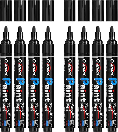 Overseas Black Acrylic Paint Markers - 8 Pack Medium Tip Acrylic Paint Pens, Water Based, Quick Drying, Waterproof, Non Toxic Permanent Markers for Rock, Wood, Plastic, Metal, Canvas, Glass, Fabric