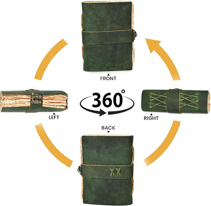 LEATHER VILLAGE Leather Bound Vintage Journal for Women & Men - Book of Shadows - Lock Closure - 200 Pages of Antique Deckle Edges Handmade Paper - Green Color - 10 x 7 inches