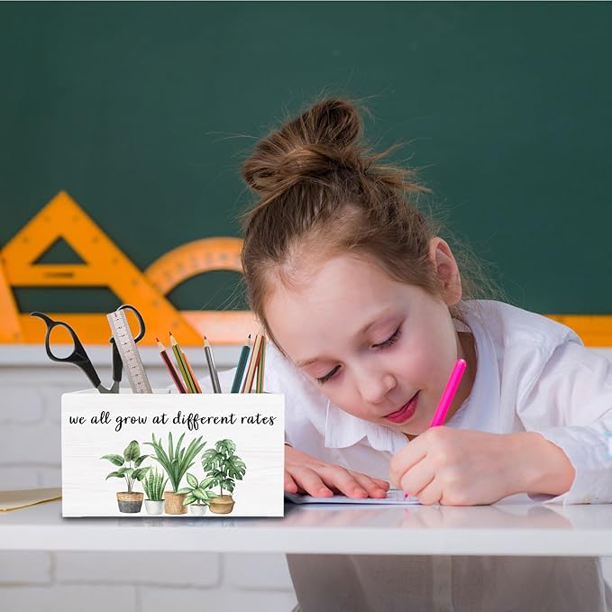Inspirational Pen Holder for Desk, We All Grow at Different Rates Mental Health Wooden Box Sign Desk Decor for Therapy Office Decoration, Motivational Pencil Organizer, Psychology Gifts