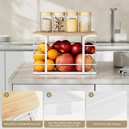2 Pack Pantry organizers and Storage,Kitchen Organization with Bamboo Top,Stackable Kitchen Pantry bin for Onion,Potato,Fruits,Produce,Vegetable,White