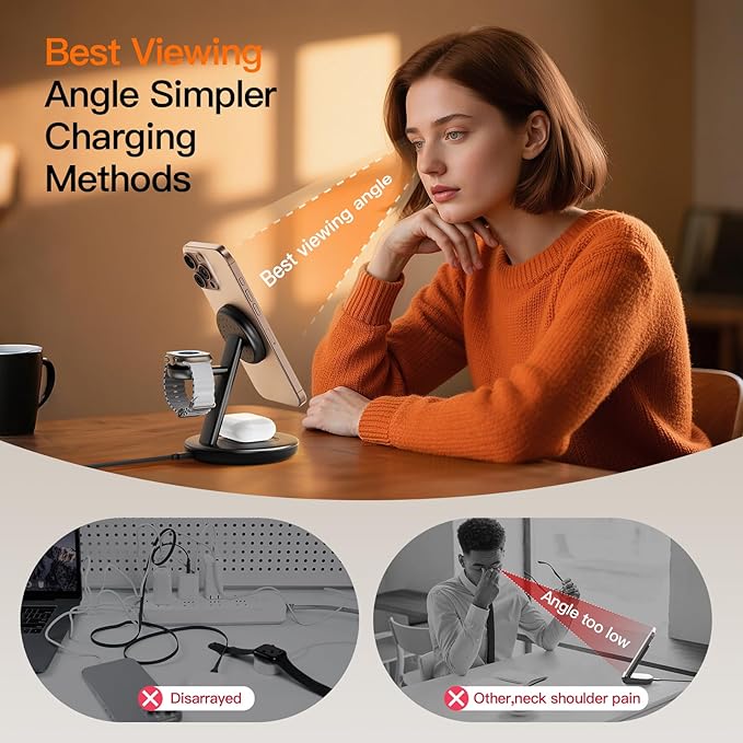 2025 Apple 5W Fast iWatch Charging,3 in 1 Charging Station for Apple Devices,Mag-Safe Charger Stand,Wireless Charger for iPhone 17/16/15/14/13/12 Series,& AirPods（Black）