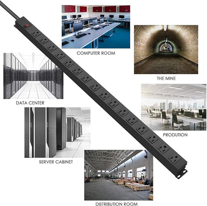 HHSOET Metal Wall Mount Power Strip, 16 Outlets, 3 FT SJT 3/C 14AWG Power Cord, 15A 125V 1875W, Black