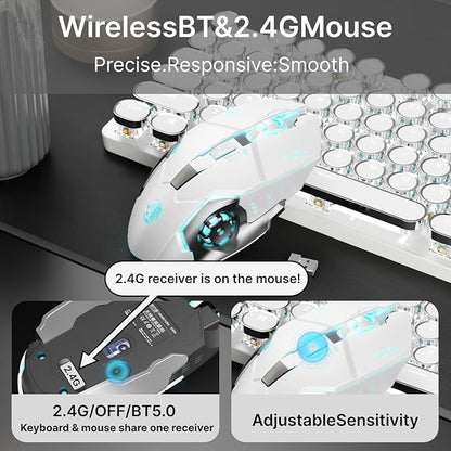 TK950 Wireless Typewriter Keyboard and Mouse Combo,104 Keys Retro Typewriter Mechanical Keyboard with White Backlit, Anti-Ghosting, Blue Switch, Bluetooth/2.4G/Wired Cute Gaming Keyboards-White